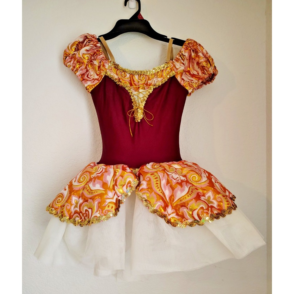 Revolution Dancewear Wine Gold Ivory Broque Ballet Dance Costume Child's XL